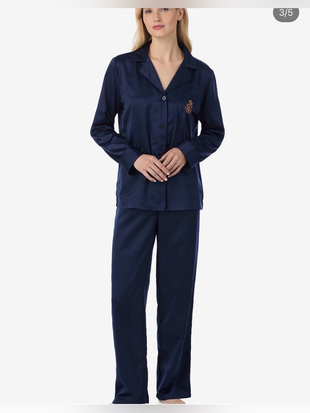Ralph Lauren Navy Two-Piece Kids Pajama Set with Gold Crest